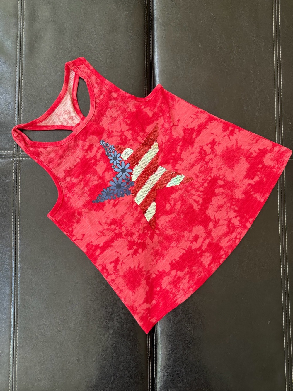 SO - Red Tie-Dye Racerback Tank Top with Blue Sequined Star and Silver Stripes